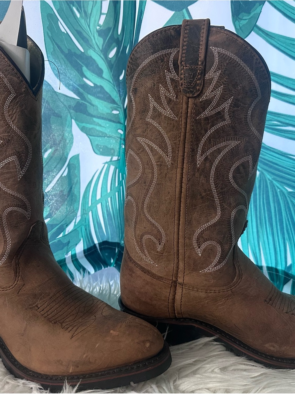 Double H Brown Western Lace-Up Cowboy Boots with Contrast Stitching